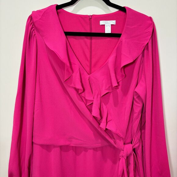 LONDON TIMES NWT Hot Pink Midi Faux Wrap Dress Plus Size 16W Ruffles Long Sleeve - Picture 3 of 11